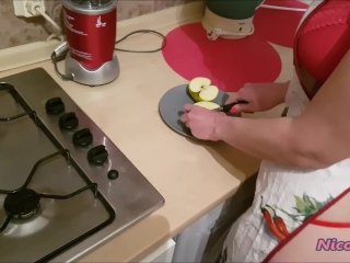 Sexy blonde cooking and waiting for her horny man from work
