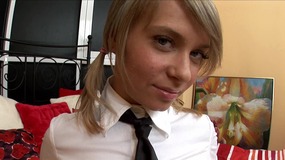 Thin young girl in schoolgirl outfit gets hers pussy drilled on bed
