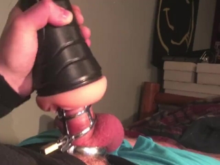 Fucking Fleshlight in Chastity! Cum in cock cage! Jennagreenxo encourages!
