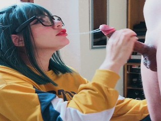 Beautiful girlfriend with glasses gives An incredible Blowjob