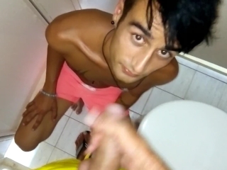 I love to jerk at bathroom stall while boy is waiting for my cum