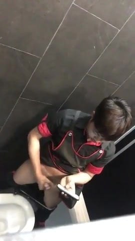 Asian cooker caught wanking and cumming in restroom