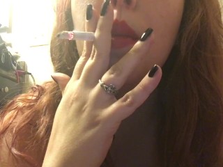 Chubby Redhead Teen Smoking in Black Bikini Top w Black Fingernails