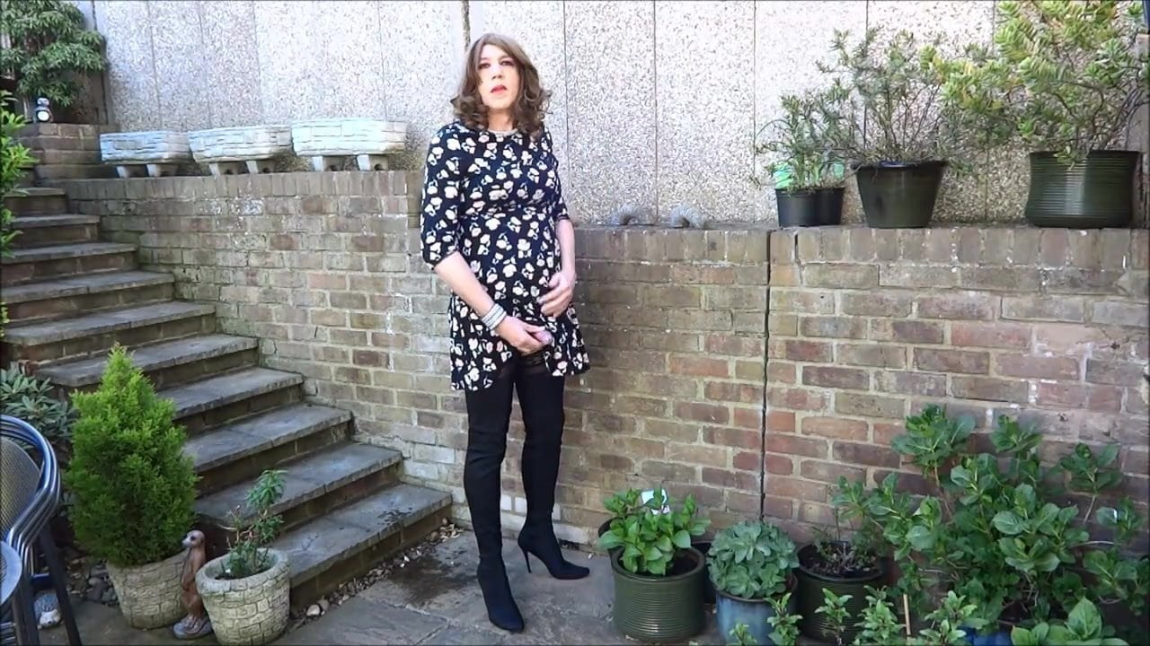 Alison in Thigh Boots - Wanking in the garden yet again