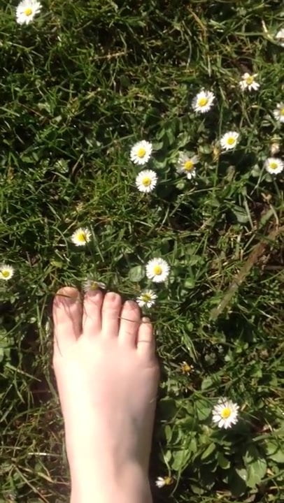 Walking on the grass and daisies showing my feet