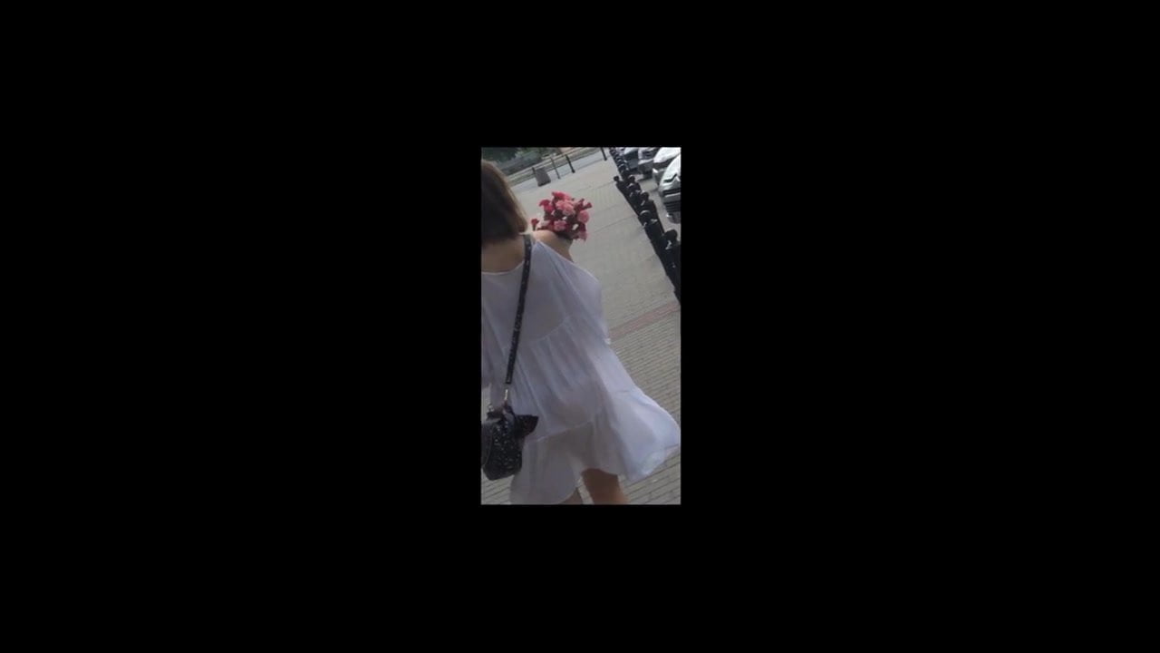 Slim flower girl in white dress black thong and ass seethrou