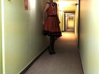 Sissy Ray in Red Dress in main corridor 2