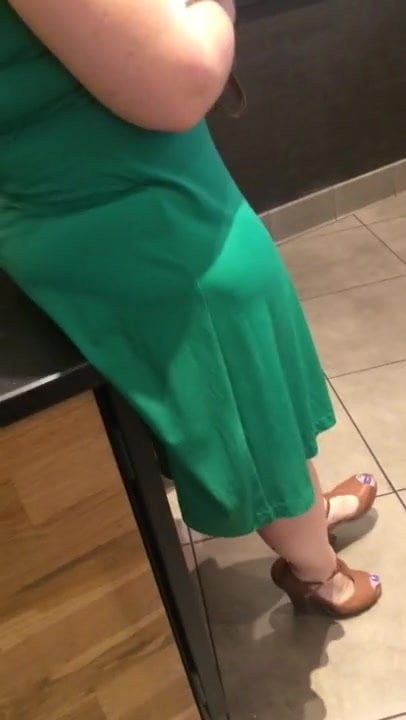 Green dress and high heels.