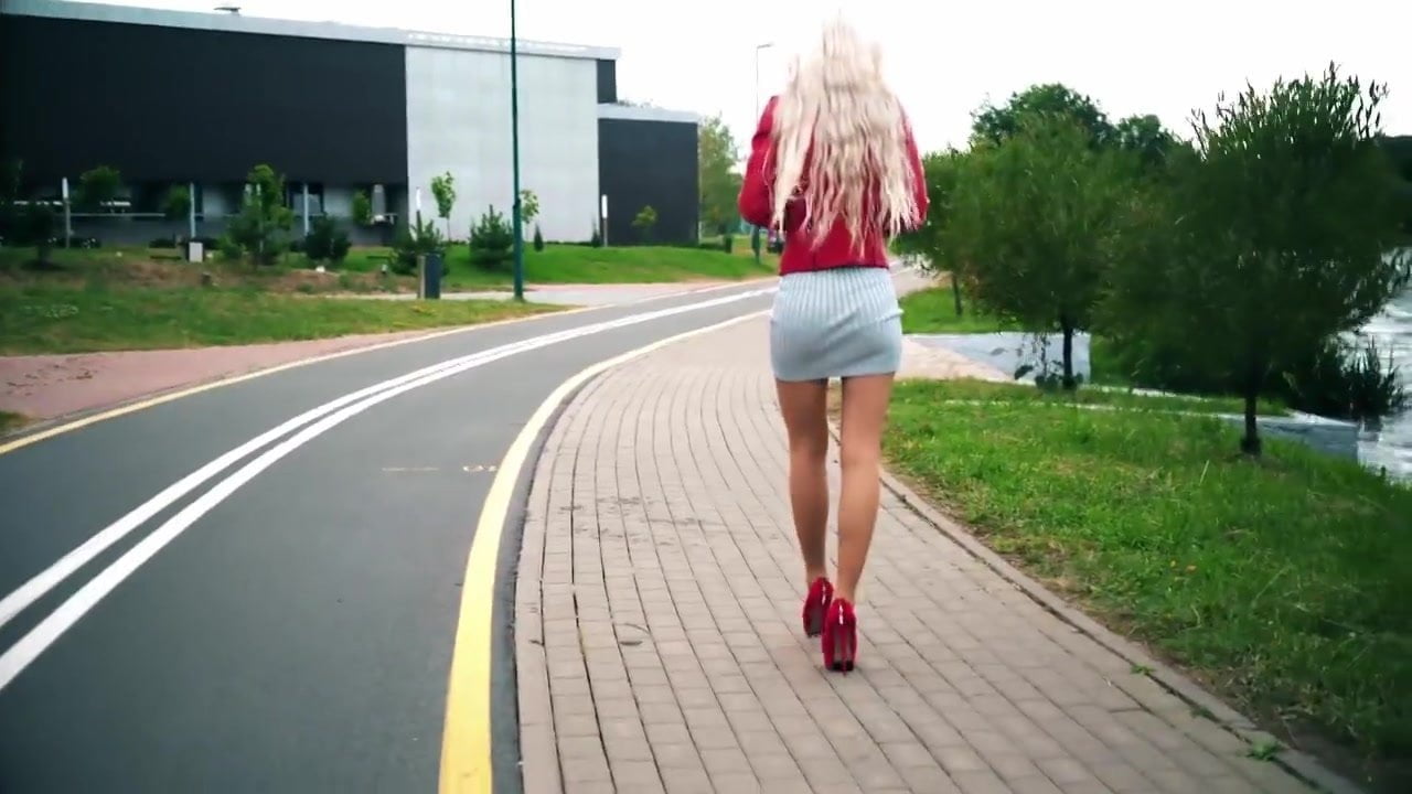 HOT russian teen walking in short skirt, red heels and nylon