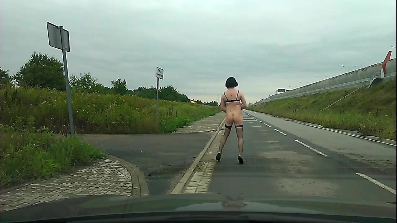 Strip on public street - only bra, stockings and heels left