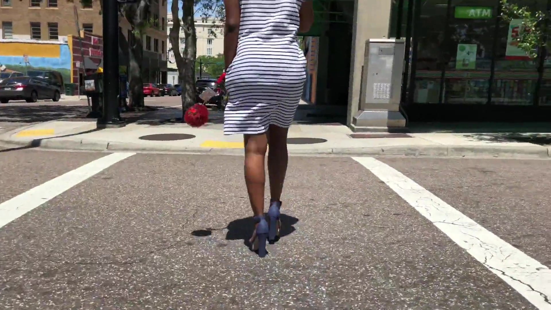 Ebony VPL in A Very Tight Striped Dress