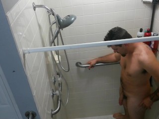 Morning piss in the shower half hard dick
