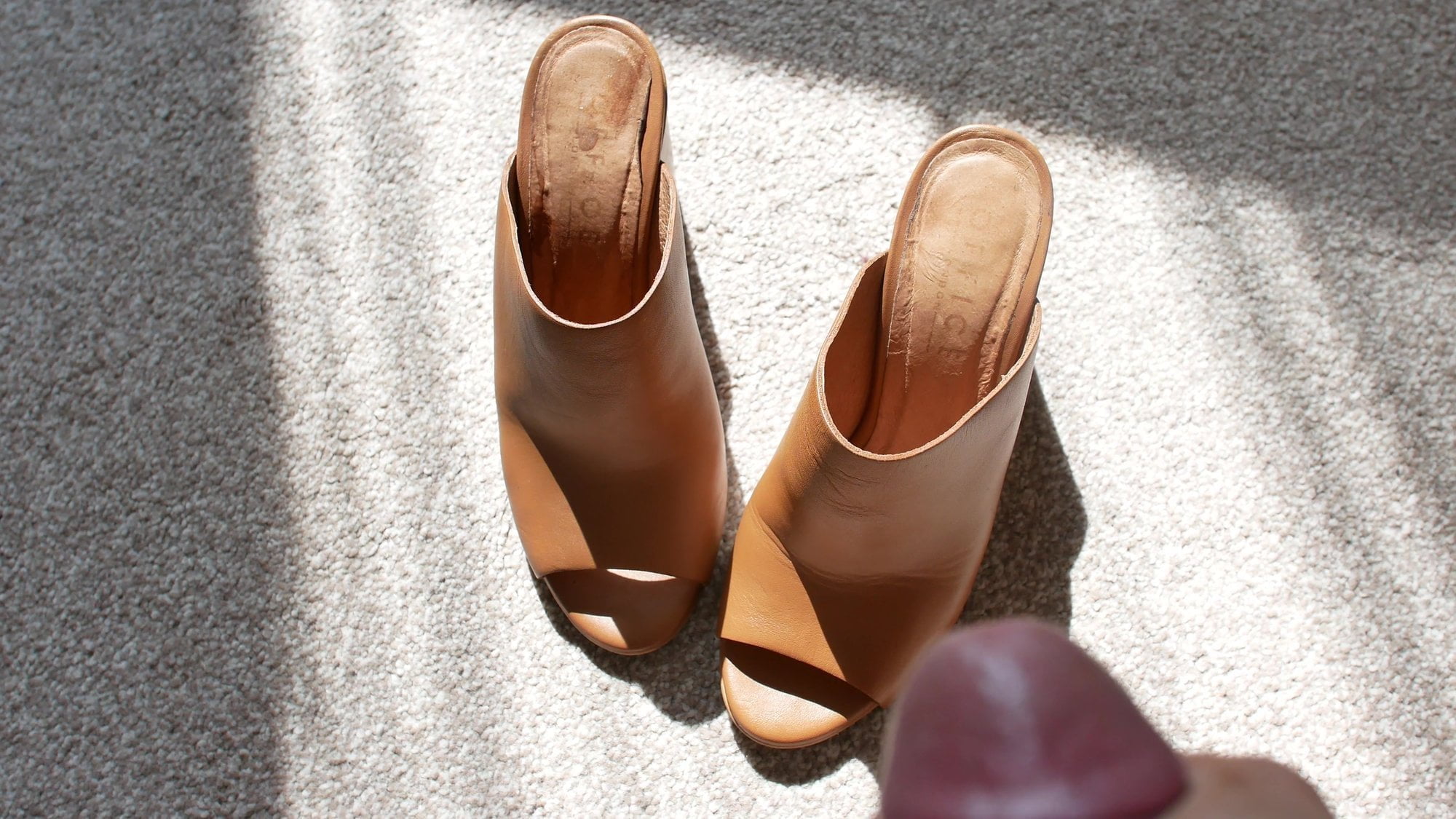 Cumming on Office 'Pose' tan leather 4-inch block heel mules