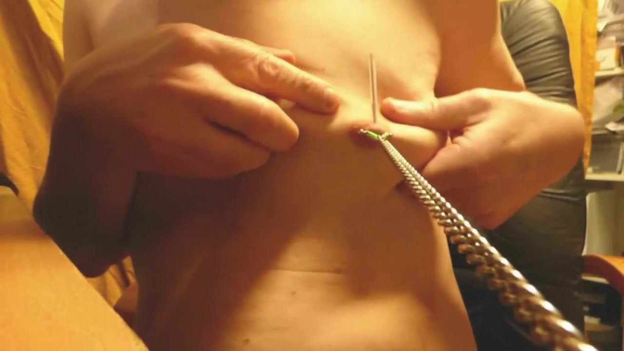 CBT needles in nipples tits