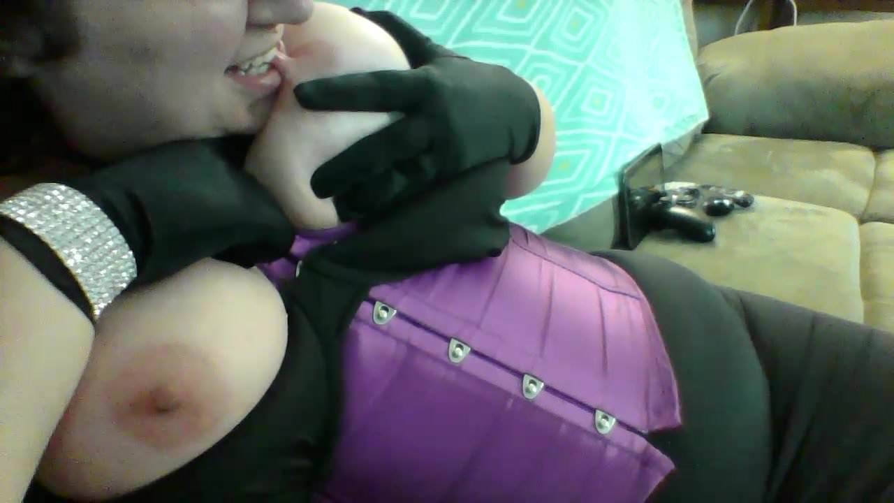 MILF in Purple Corset & Satin Gloves Playing with Huge Tits4