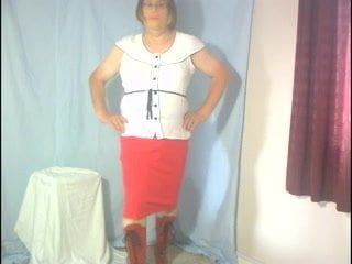 Dee in new red skirt and suspenders