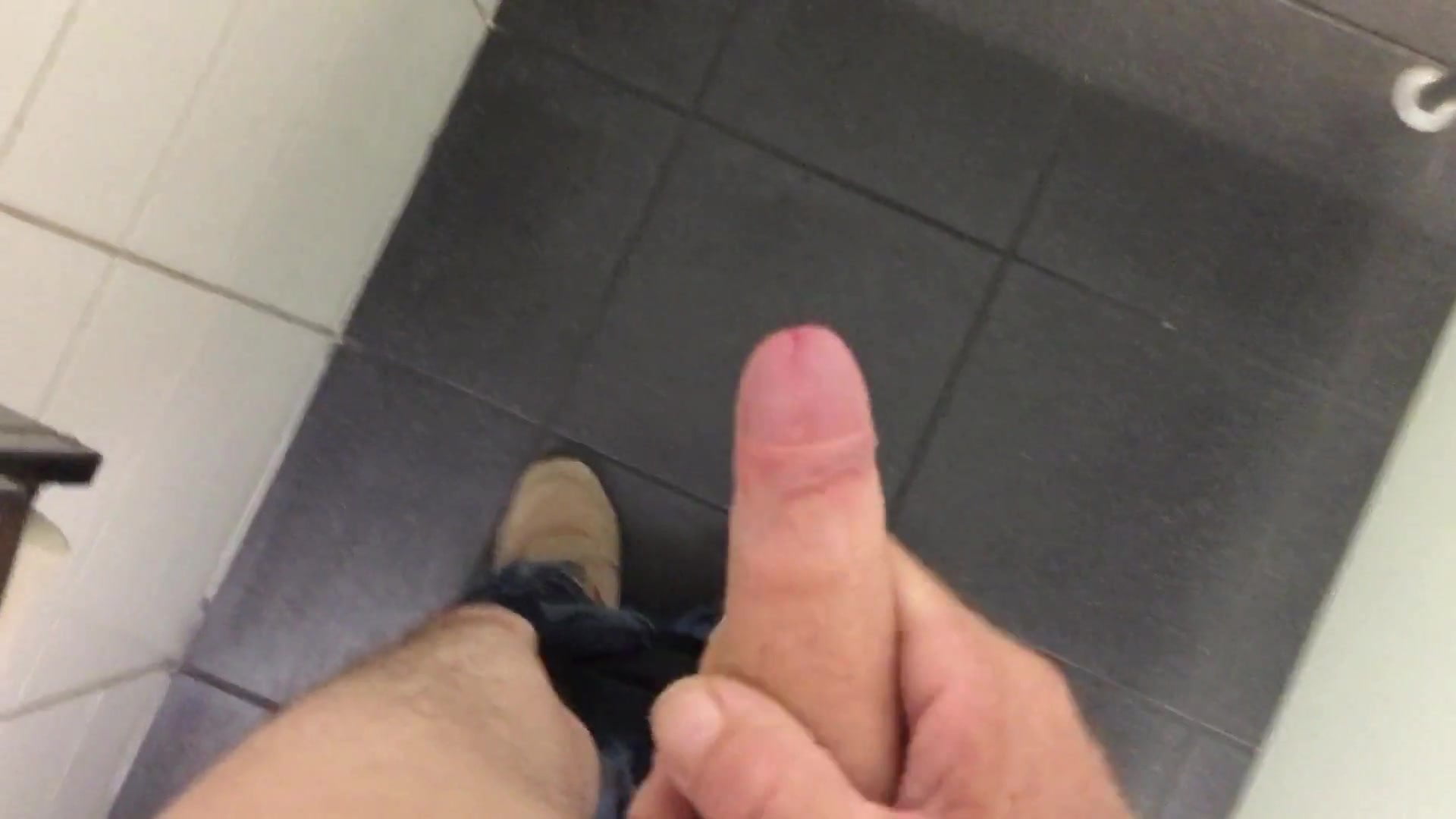 Jerk off and cum in public restroom
