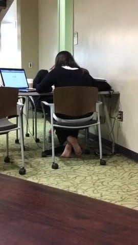 Candid College Girl Barefoot in the Library