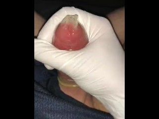 Cumming in condom with latex glove