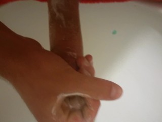 Masturbating my wet dick in bathroom and cumshot